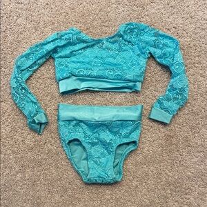 Turquoise Lace Long Sleeve Crop Top and Bottom Set